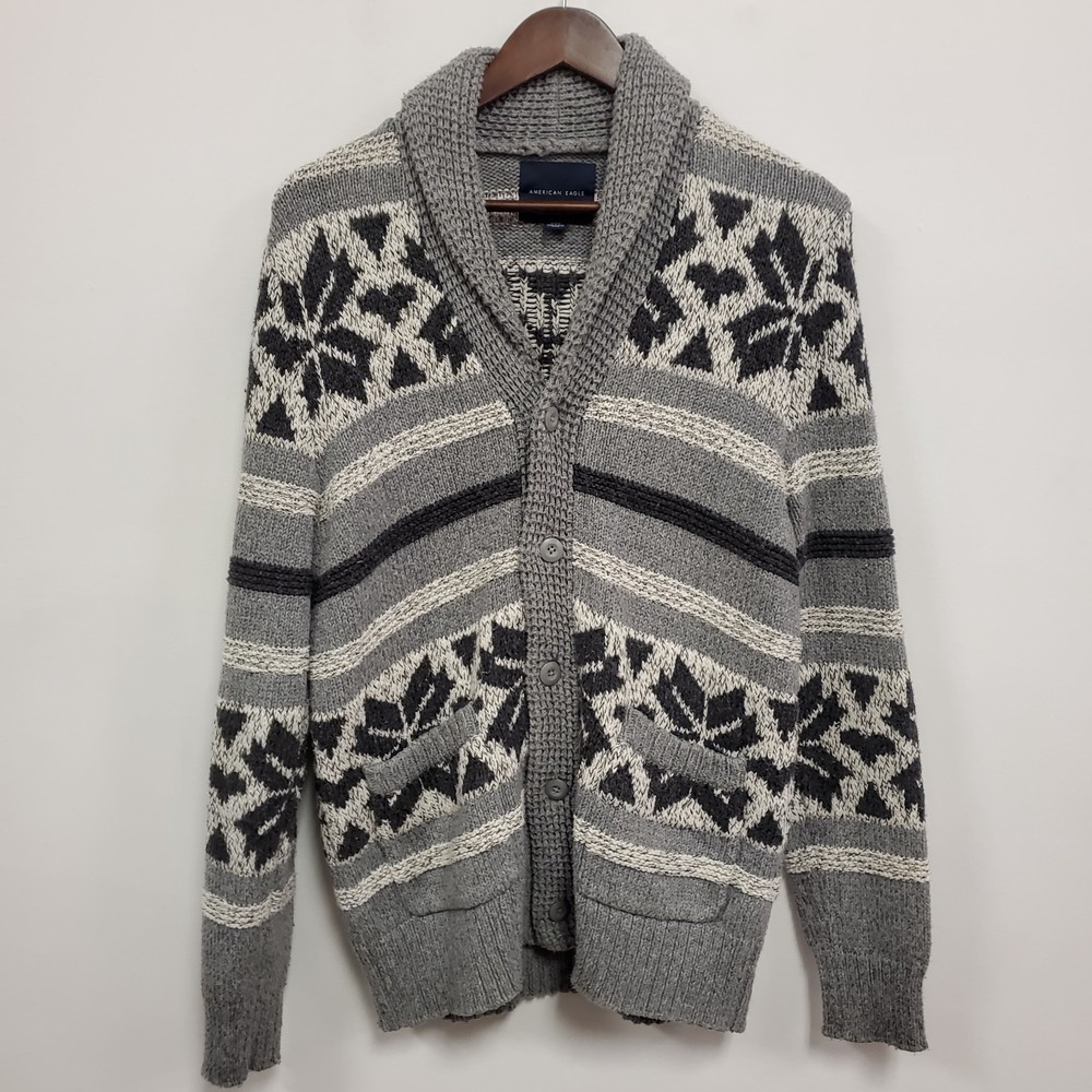 American Eagle Mens Shawl Collar Cardigan Size M Gray‎ Preppy Heritage Winter